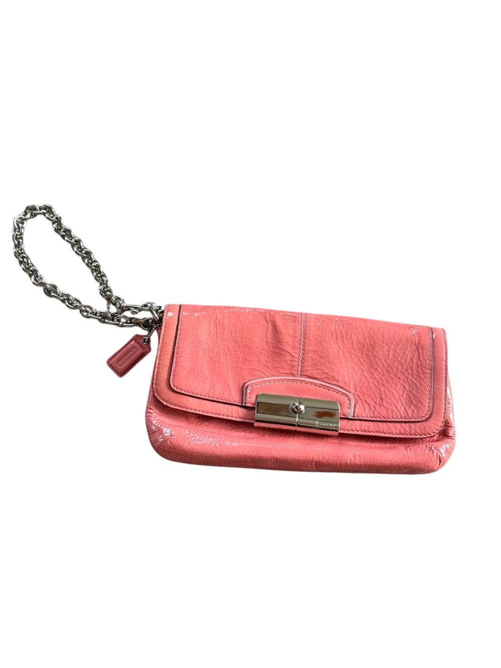 Coach Coral Pink Patent Leather Wristlet Wallet Chain Clutch